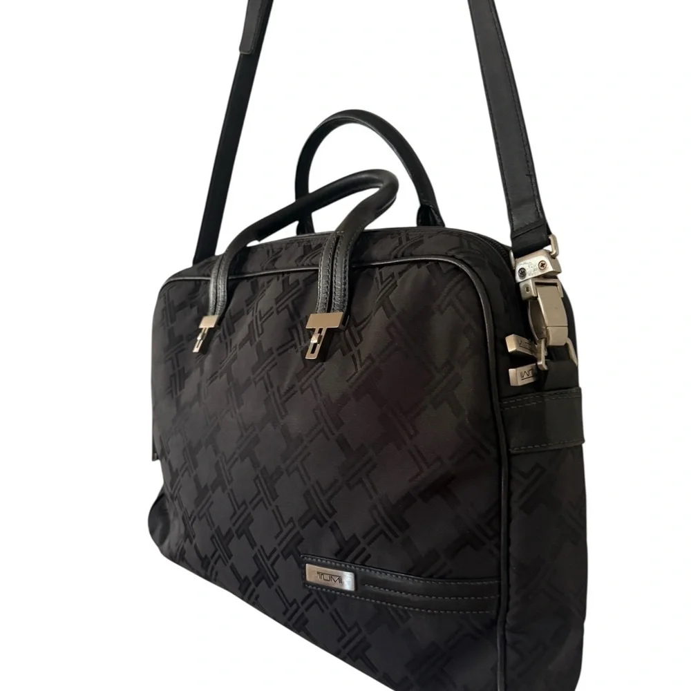 Tumi Black Briefcase with Leather Trim and Silver Hardware